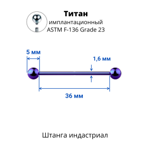 Интернал-штанга индастриал 1,6 мм. Титан, сине-фиолетовое анодирование. IBBINDT14VB