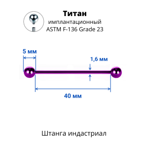 Интернал-штанга индастриал 1,6 мм. Титан, фиолетовое анодирование. IBBINDT14V